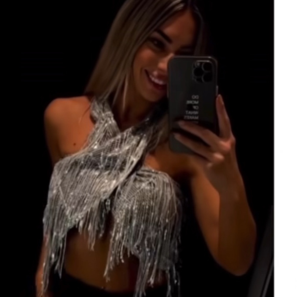 Zara Silver Sequin Fringe Halter Crop Top - Picture 5 of 12